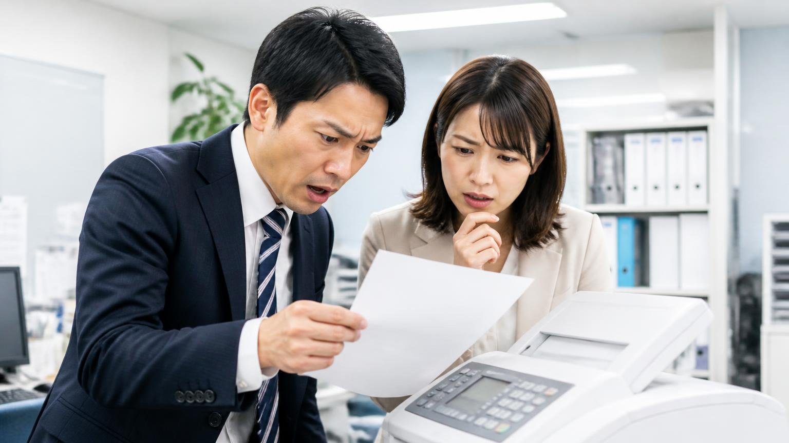 トラックを持たない会社にも届く営業FAX、オフィスのFAX機から出てきた紙を手に取る男女2人が困惑した表情