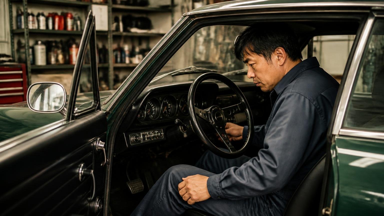 乗り味とキャブまわりの違い。早朝の車庫で運転席のドアを開けてシートに座る1人が真剣な表情