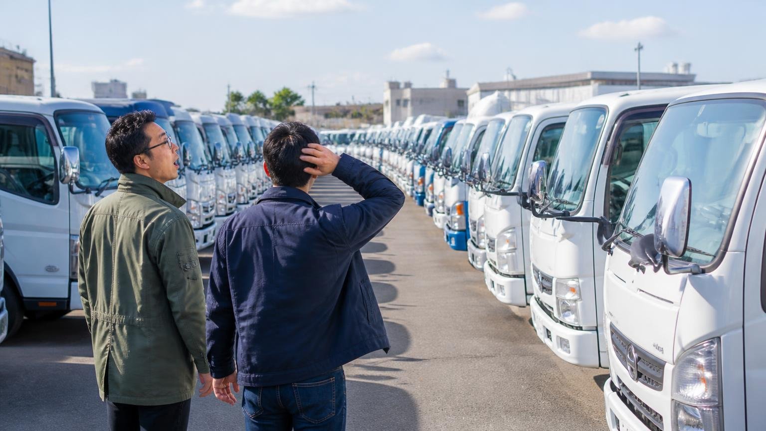 玉数が多いから価格が相場に張り付く 中古トラック販売店の広い展示場に並ぶ小型トラック 男性2人 台数の多さに驚いて見渡す