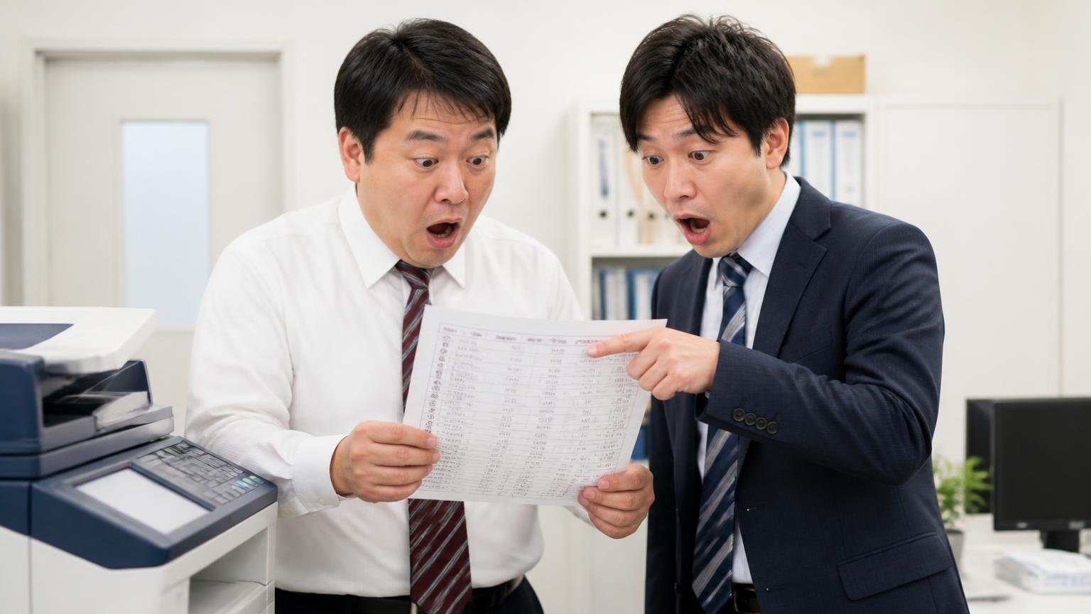 送信元の番号が1つではない。事務所の複合機前で男性2人が着信履歴の紙を指さし驚く