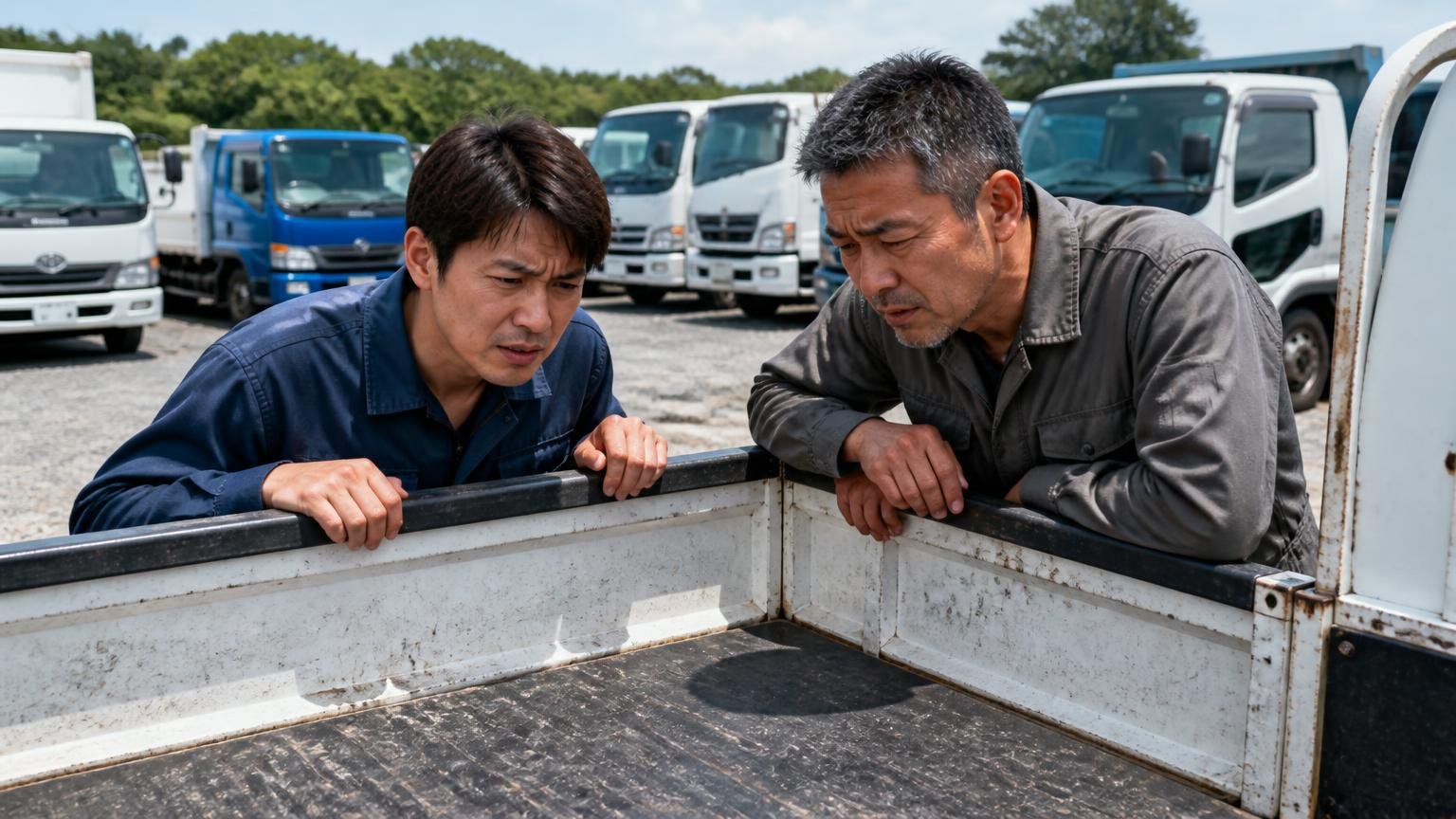 低評価の中身は購入者の声 中古トラックが並ぶ展示場で男性2人が荷台をのぞき込んで渋い表情