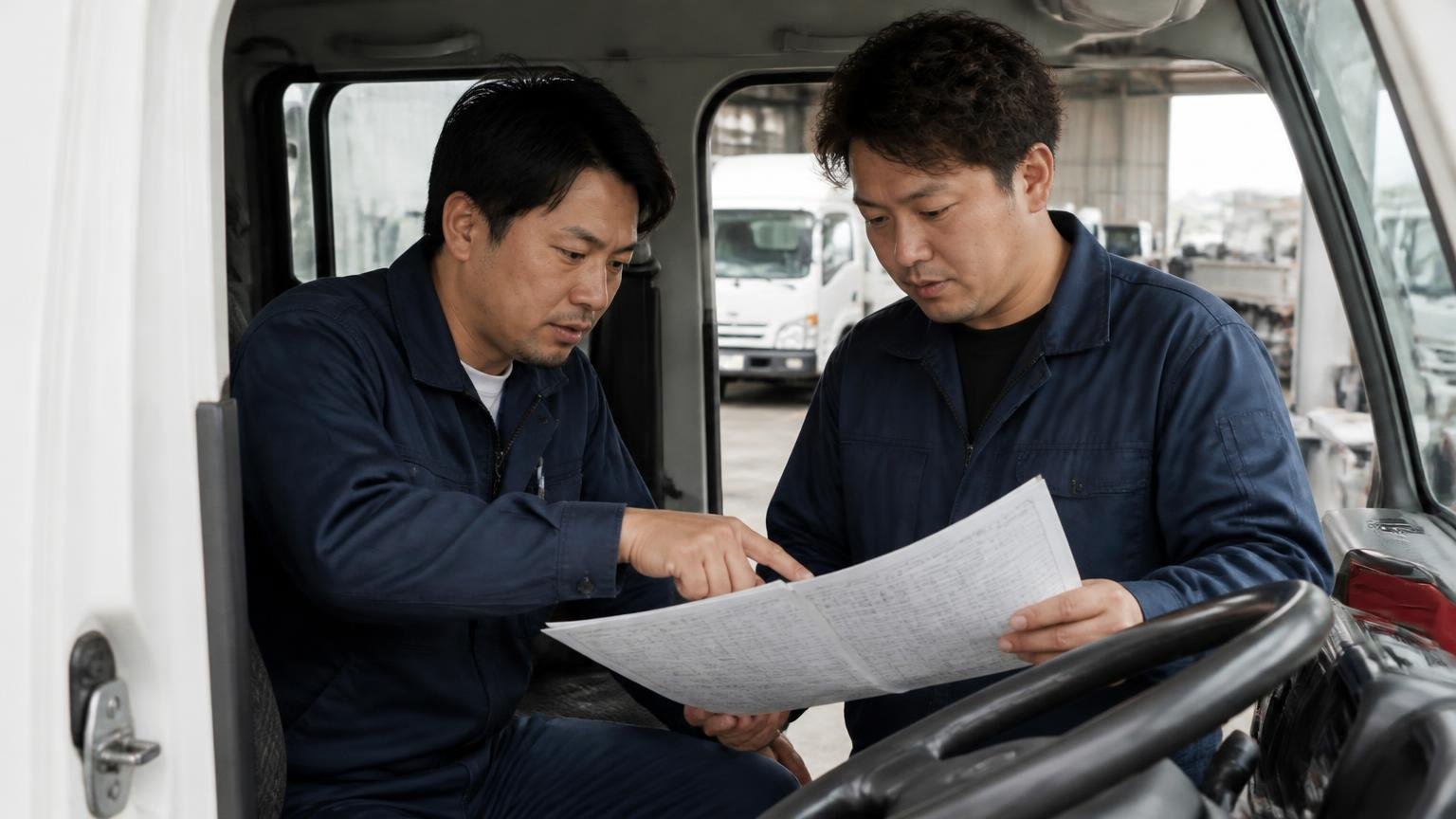年式と型式でエンジンも装備も違う/営業所の車庫で車検証を開くキャンターの運転席横/男性2人/車検証を指さして確認する