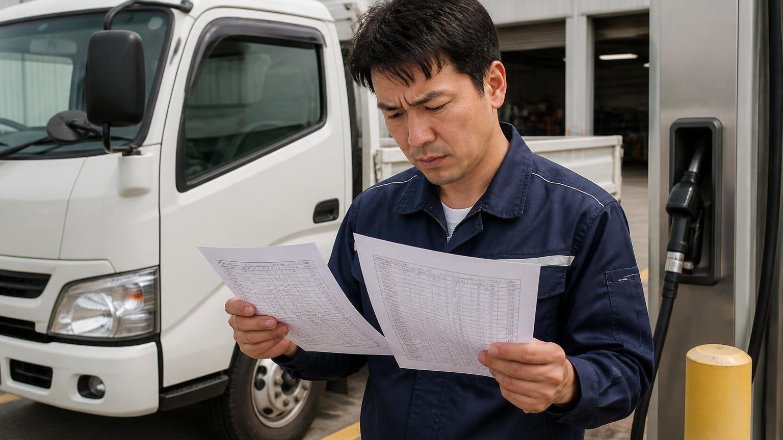 不満①カタログ燃費に届かない 営業所の車庫でデュトロの給油記録を見比べる男性1人が眉をひそめる
