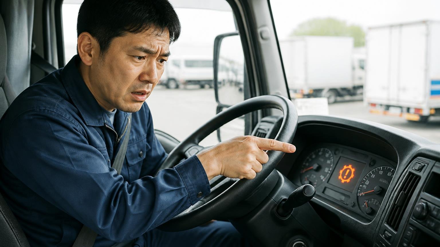 ① プロシフト(自動変速機)のトラブル報告 トラックの運転席でメーターの警告灯を指さし、眉をひそめる男性1人