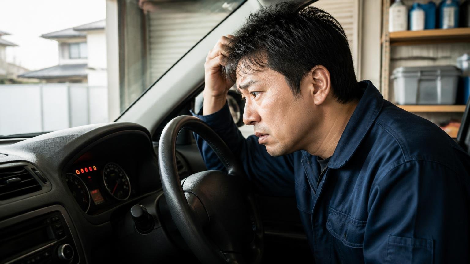 自動再生が完了しない条件|早朝の車庫で運転席のメーターの警告ランプを覗き込む男性1人が困惑