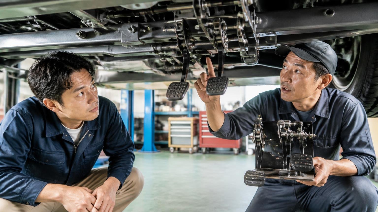 機械式2ペダルの仕組み。整備工場でトラックの下をのぞきながら30代男性が説明を聞いてうなずく
