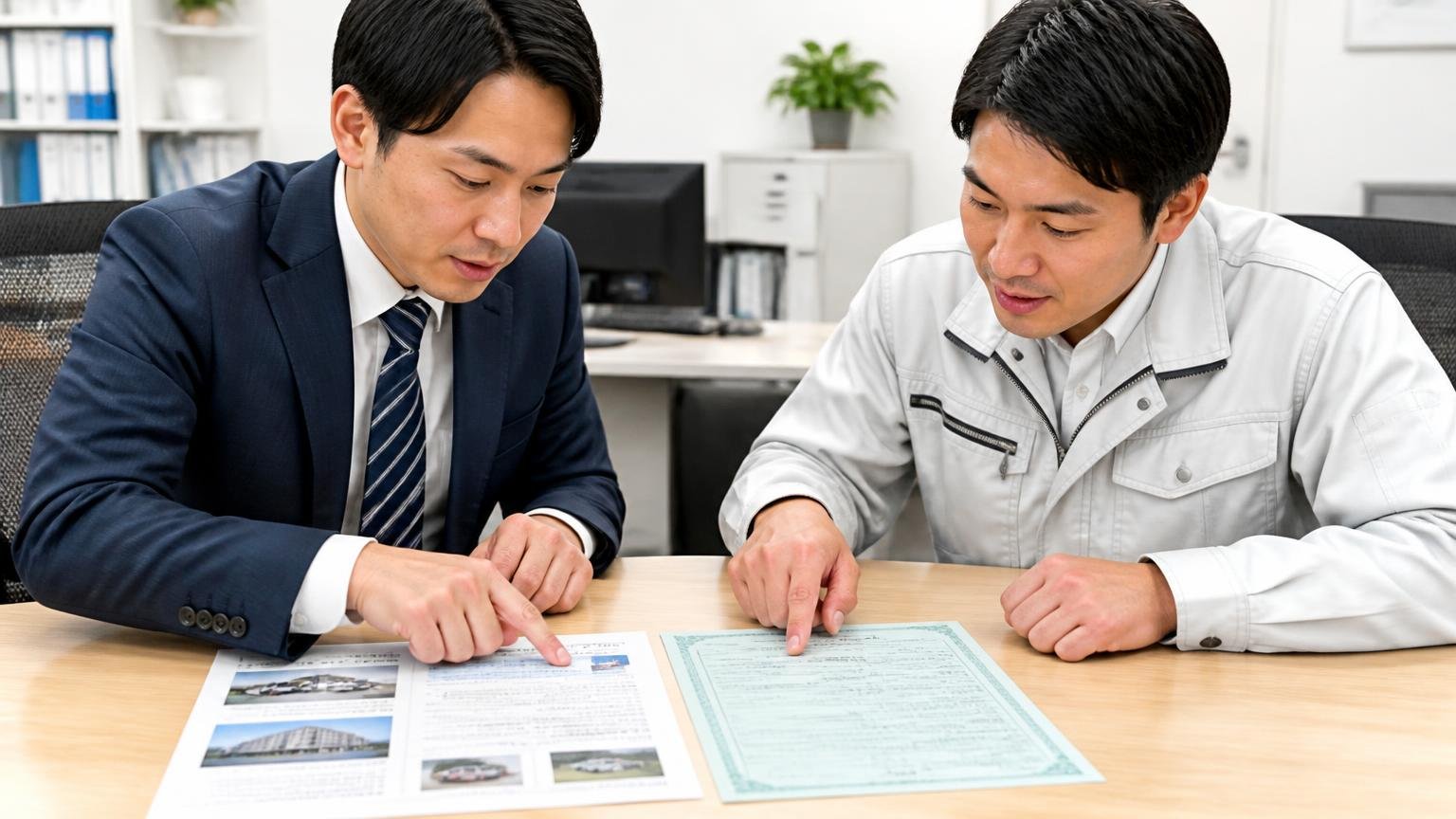 設立・拠点・古物商許可番号 事務所の机で会社概要ページと車検証を並べて確認する 2人 指さして確認する表情