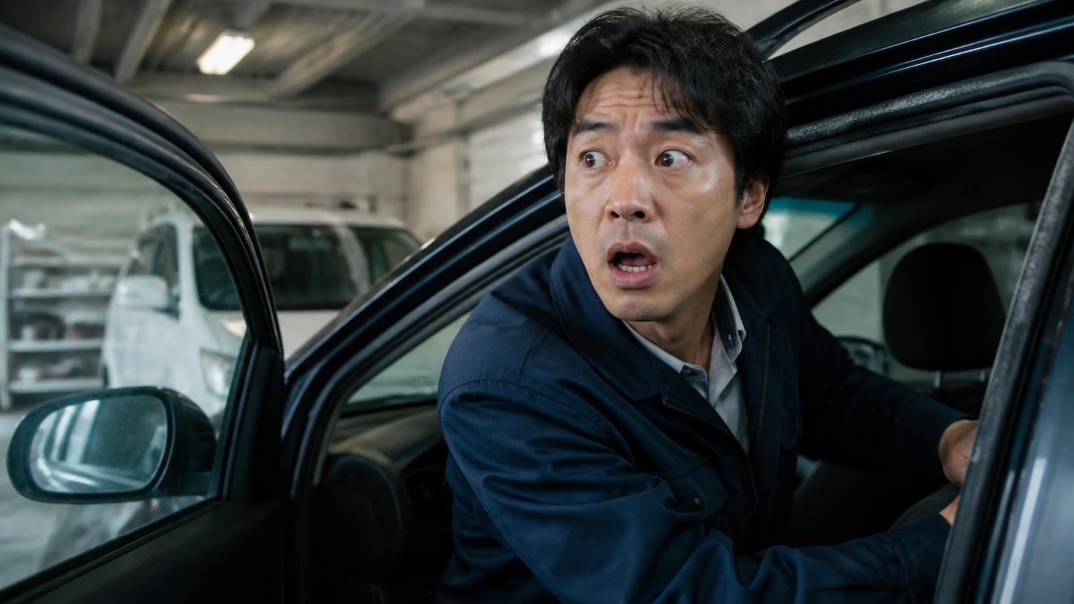 同じレビューの中に絶賛と不満が同居している 早朝の車庫で運転席のドアを開けて乗り込む男性が驚いた表情