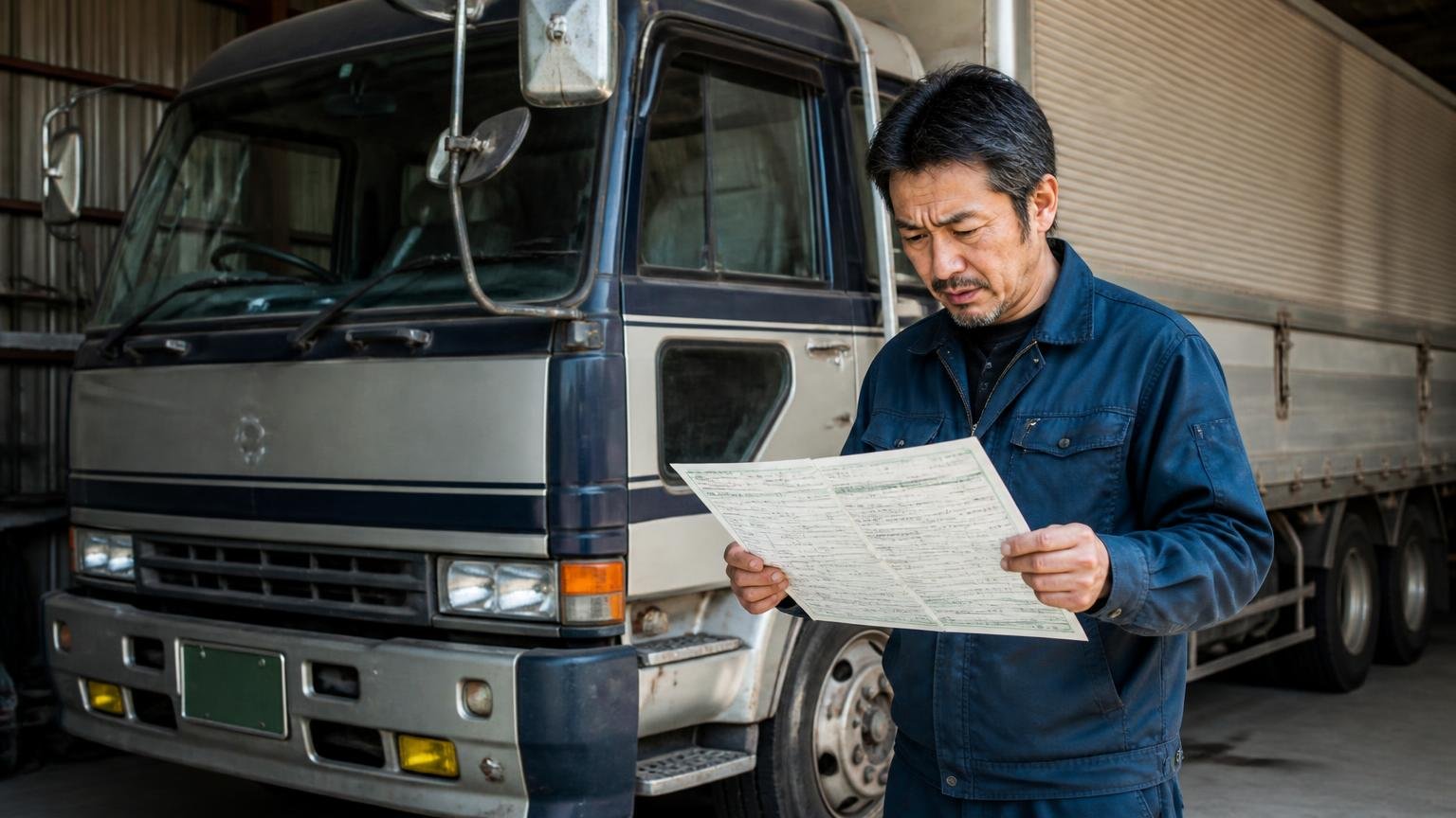 「07のATはダメ」という声は、いつの車の話なのか|車庫に停めた旧型大型トラックの運転席横で1人が車検証を広げて眉をひそめる