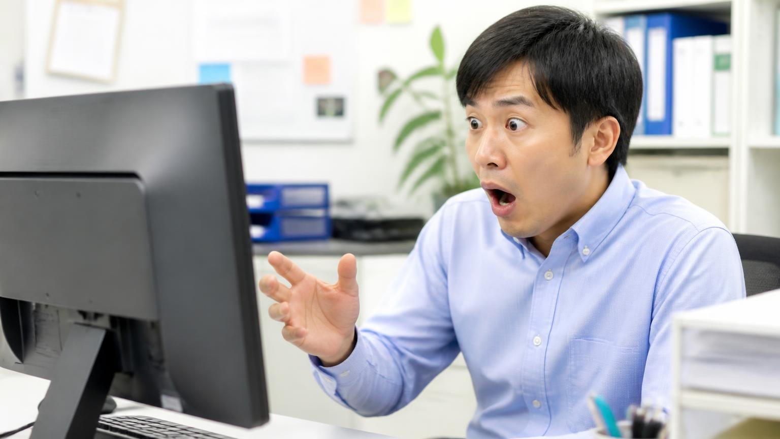 メーカーが公表した不具合。事務所のパソコンでメーカー公式サイトを確認する男性が驚いた表情を見せる