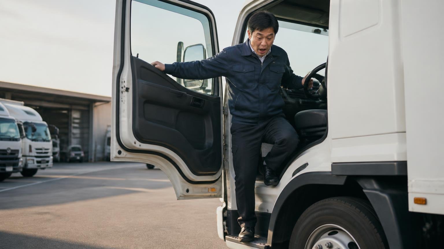 左足の仕事が消える楽さ 早朝の車庫で運転席のドアを開ける場面 男性1人が足元を見て驚いた表情