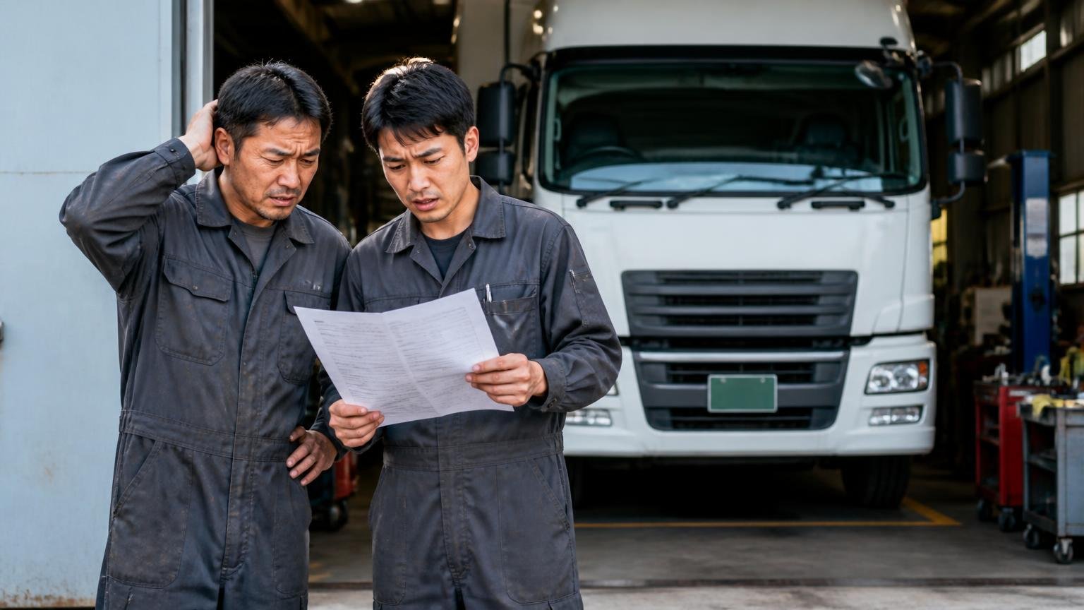 とにかく故障が多いという厳しい声、整備工場の入口に入庫した大型トラックの前、作業着姿の男性2人が困り顔で書類を見る