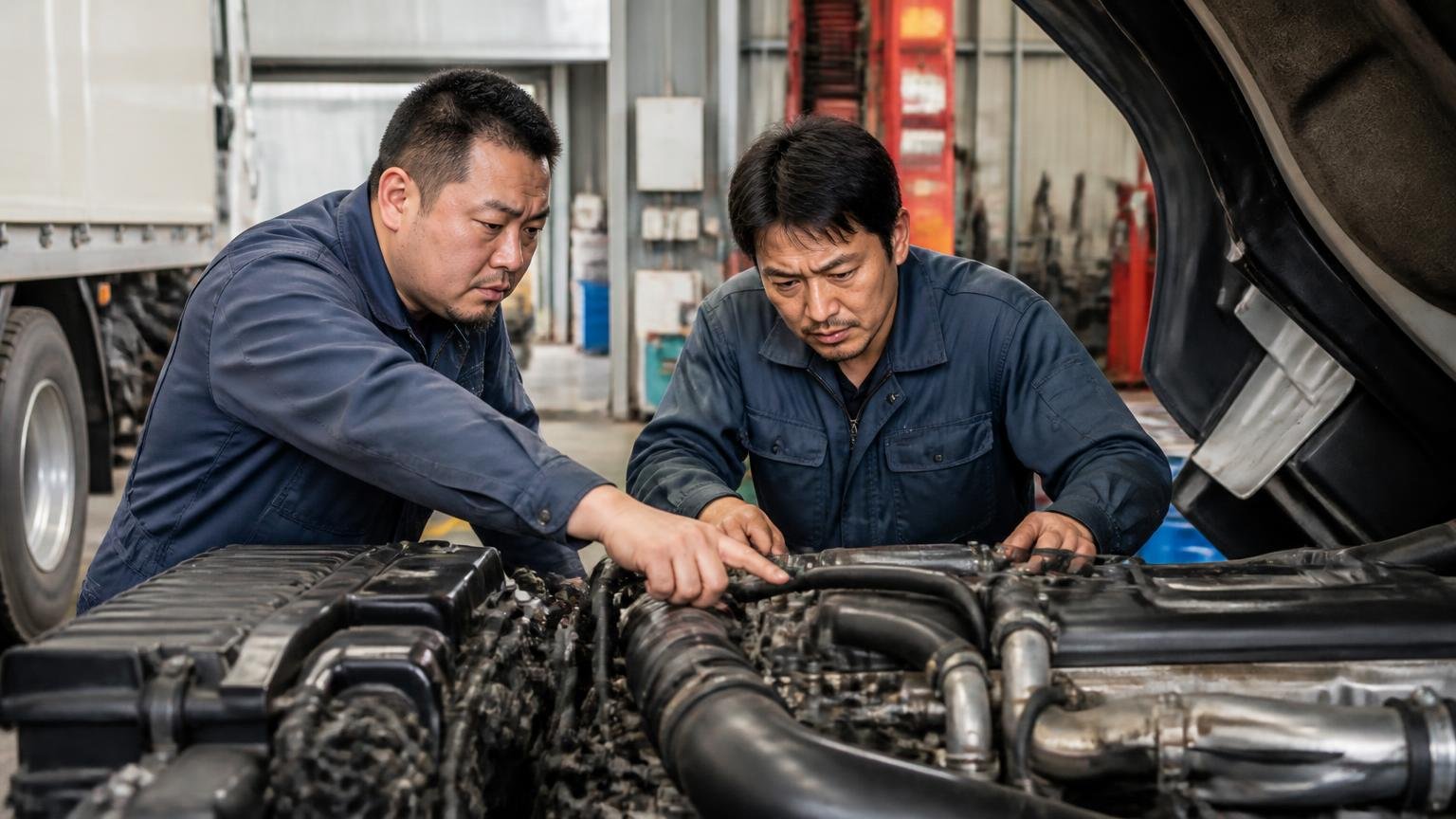 壊れる頻度の問題　整備工場のピットで大型トラックのエンジンルームを覗き込む作業着の男性2人　真剣な表情