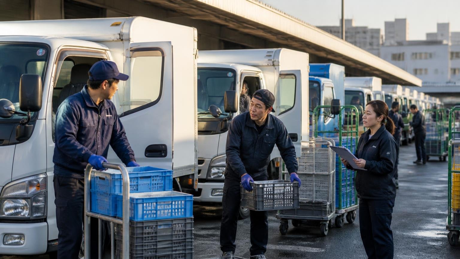走っている台数が多いから声も多い 早朝の配送センターに並ぶ小型トラックの前 作業員3人 荷積みの準備