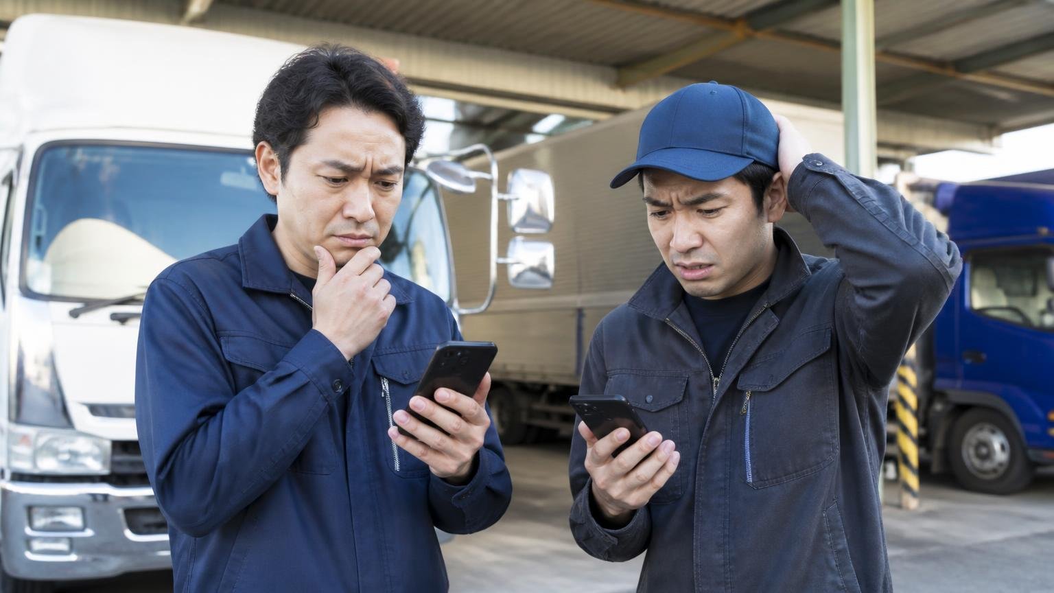 トラック買取は口コミの母数が小さい。営業所の車庫で2人がスマホを見て困った顔をする