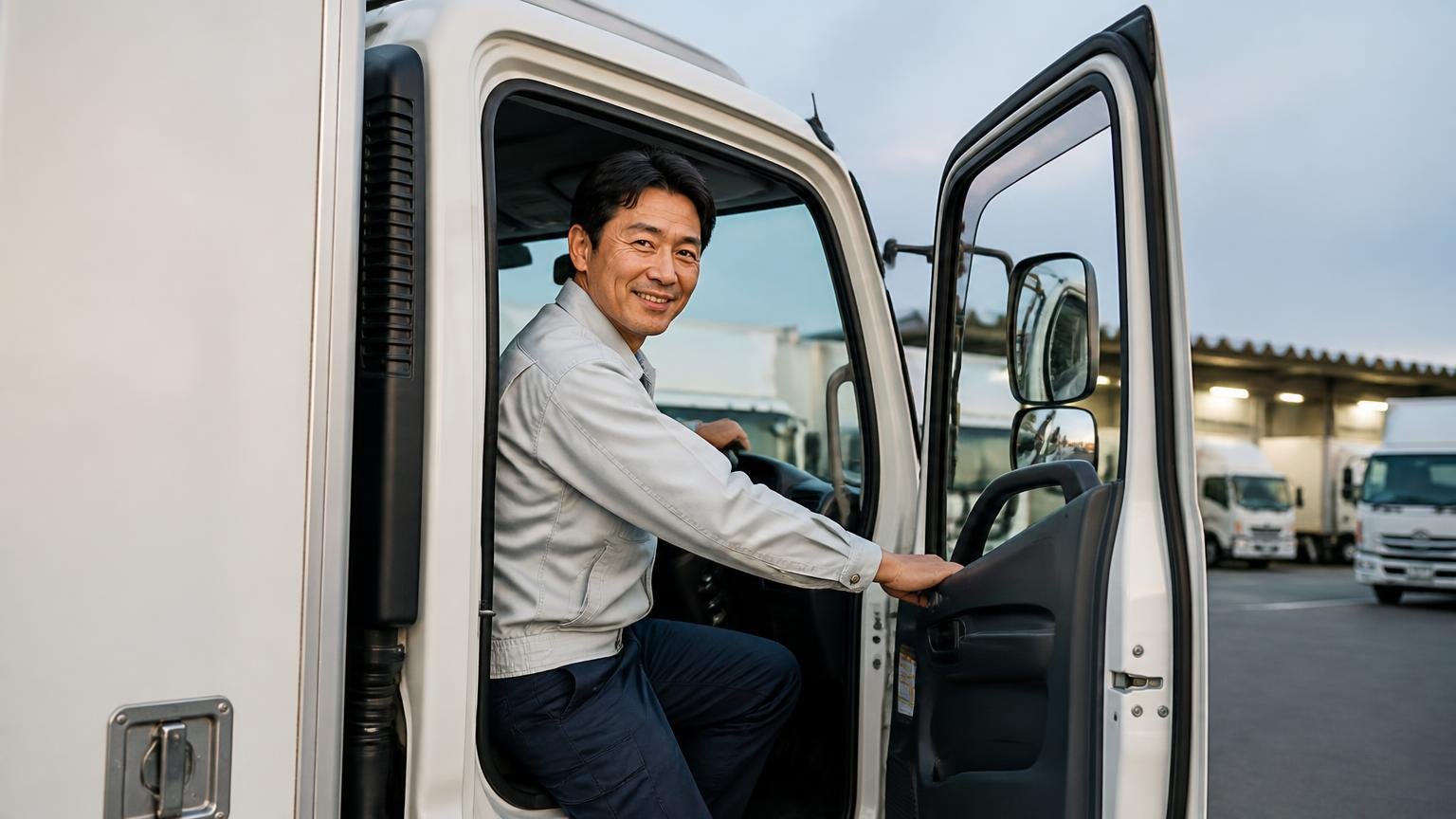 N04Cの良い評判｜早朝の営業所の車庫で4tトラックの運転席のドアを開け、満足げな笑顔で乗り込む作業着の40代男性1人