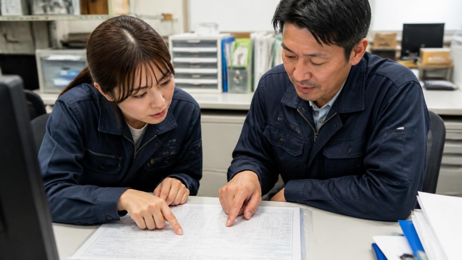 まず車検証を見てあなたのキャンターがどの世代か確認する 事務所の机で車検証を広げる 30代女性と40代男性が型式欄を指さす