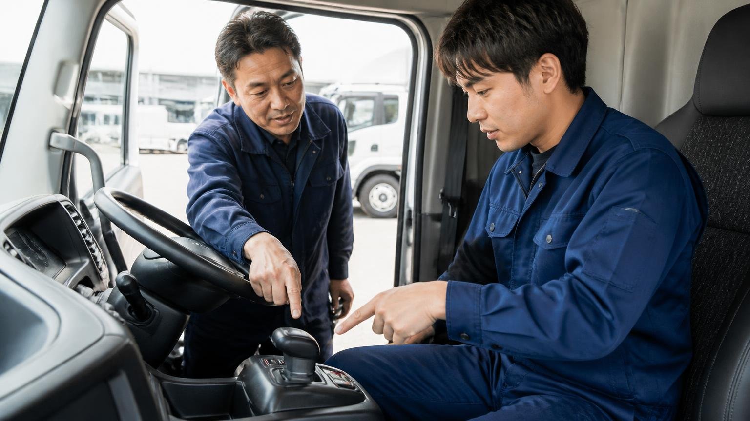 プロシフトはAMT。トラックの運転席まわりを確認する屋外で、男性2人がシフト操作を指さしながら説明し合う