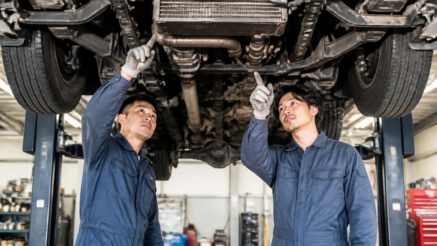 自社認証工場があると査定で何が変わるのか。整備工場でリフトに上げたトラックの下回りを、作業着の整備士2人が指さして確認する