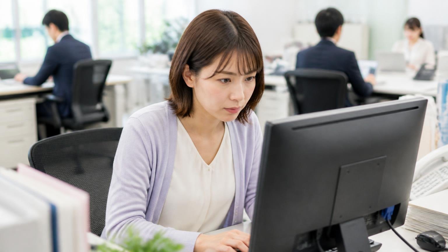 申込から入金までの4ステップ。事務所のパソコンでフォームに入力する30代女性1人が、真剣な表情で画面をのぞき込む