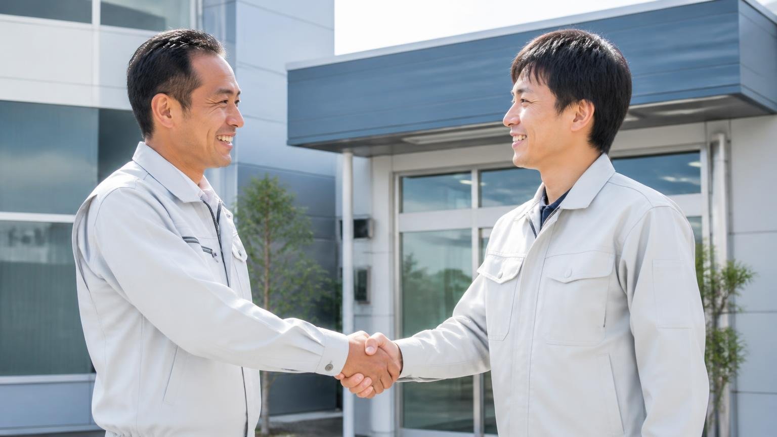 従業員が誠実だと感じたという声。新しくなった営業所の前で握手を交わす作業着姿の男性2人、笑顔