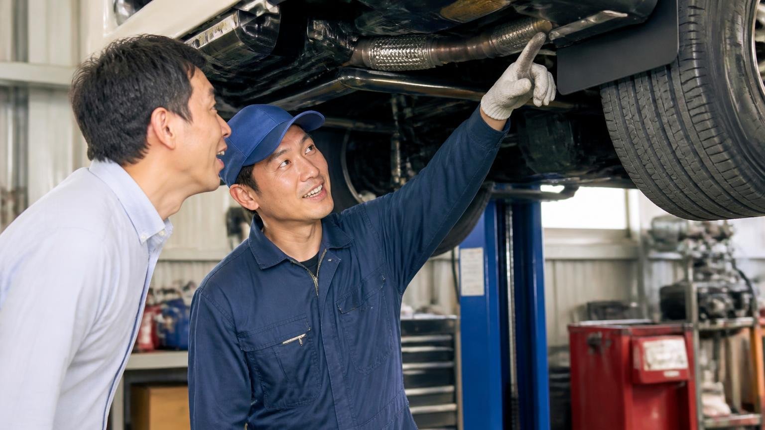 親切丁寧という声。整備工場のピットでトラックの下回りを指さし笑顔で説明する整備士と依頼者の2人