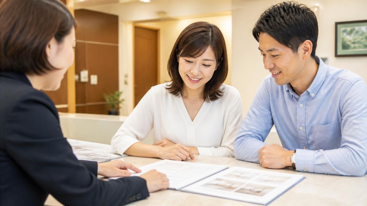 良い口コミ:「とても丁寧な応対」「良い仕事をされる会社」 事務所のカウンターで書類を広げて説明を受ける男女2人 笑顔でうなずく