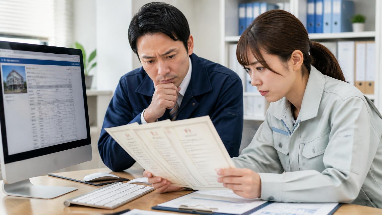 会社概要と4つの許認可を確認 事務所の机で会社概要の画面と書類を見比べる男女2人が真剣な表情