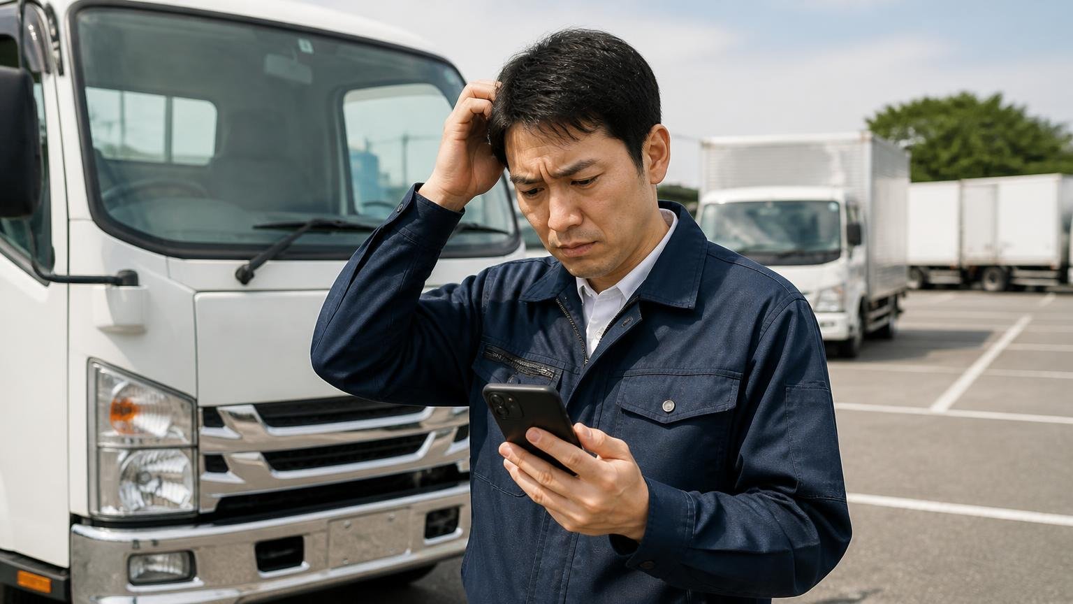 「オークション形式」と「一括査定」は何が違うのか|屋外の駐車場でトラックを前にスマホを操作する男性1人が困り顔