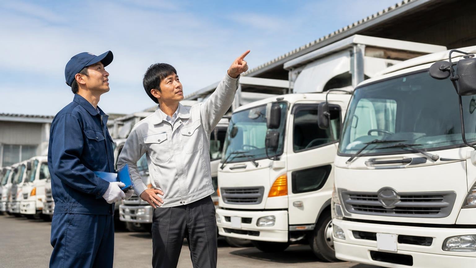 買取サービスの中身|営業所の車庫に並ぶ複数の中古トラックを見上げる作業着姿の男性2人