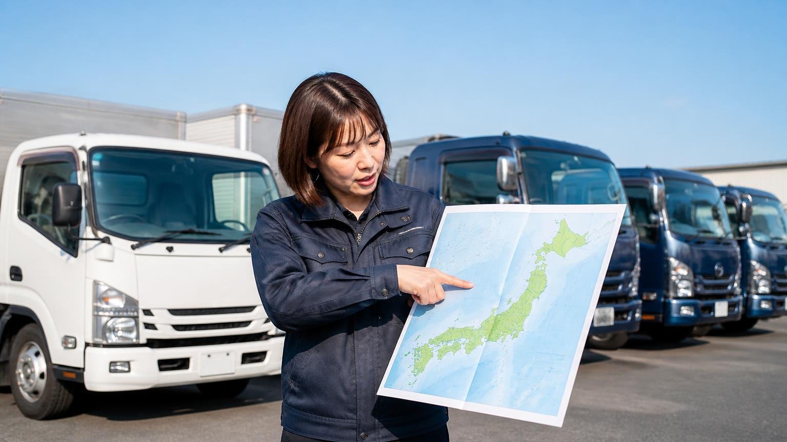 主力は2t車と4t車で引き取りは東北から九州まで対応。屋外のヤードに並んだ2tと4tのトラックの前で、女性スタッフが日本地図の資料を広げて指さしている