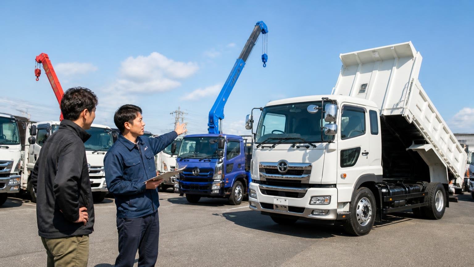 対応している車種と対応エリア。屋外の展示場でダンプやクレーン付きトラックを見比べる男性2人、指をさして話す