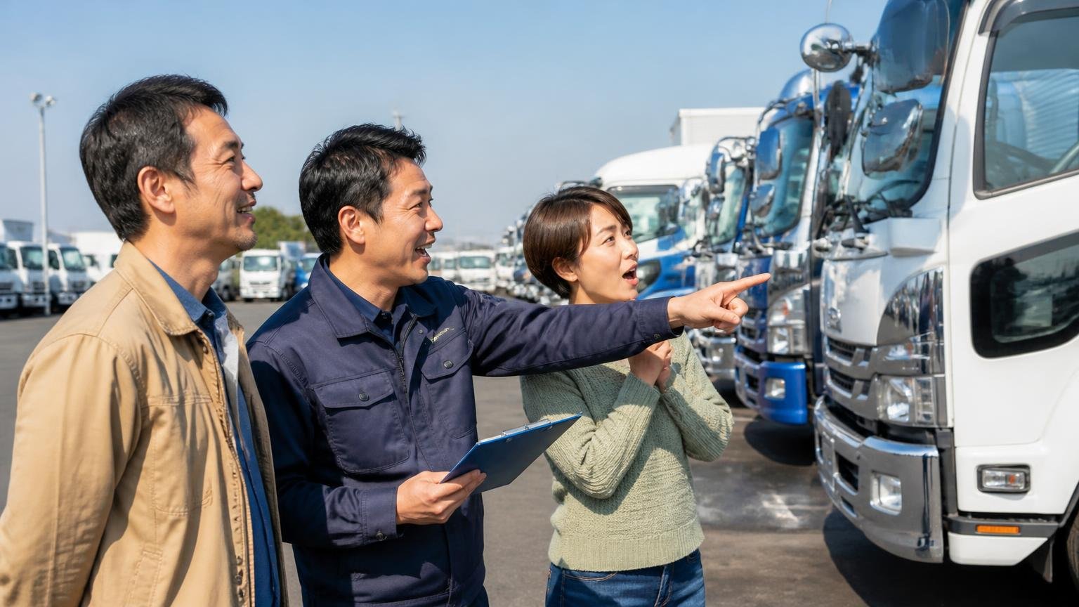 在庫の幅広さと1台を探してくれる提案力。中古トラックが並ぶ屋外の展示場で3人が車両を指さす