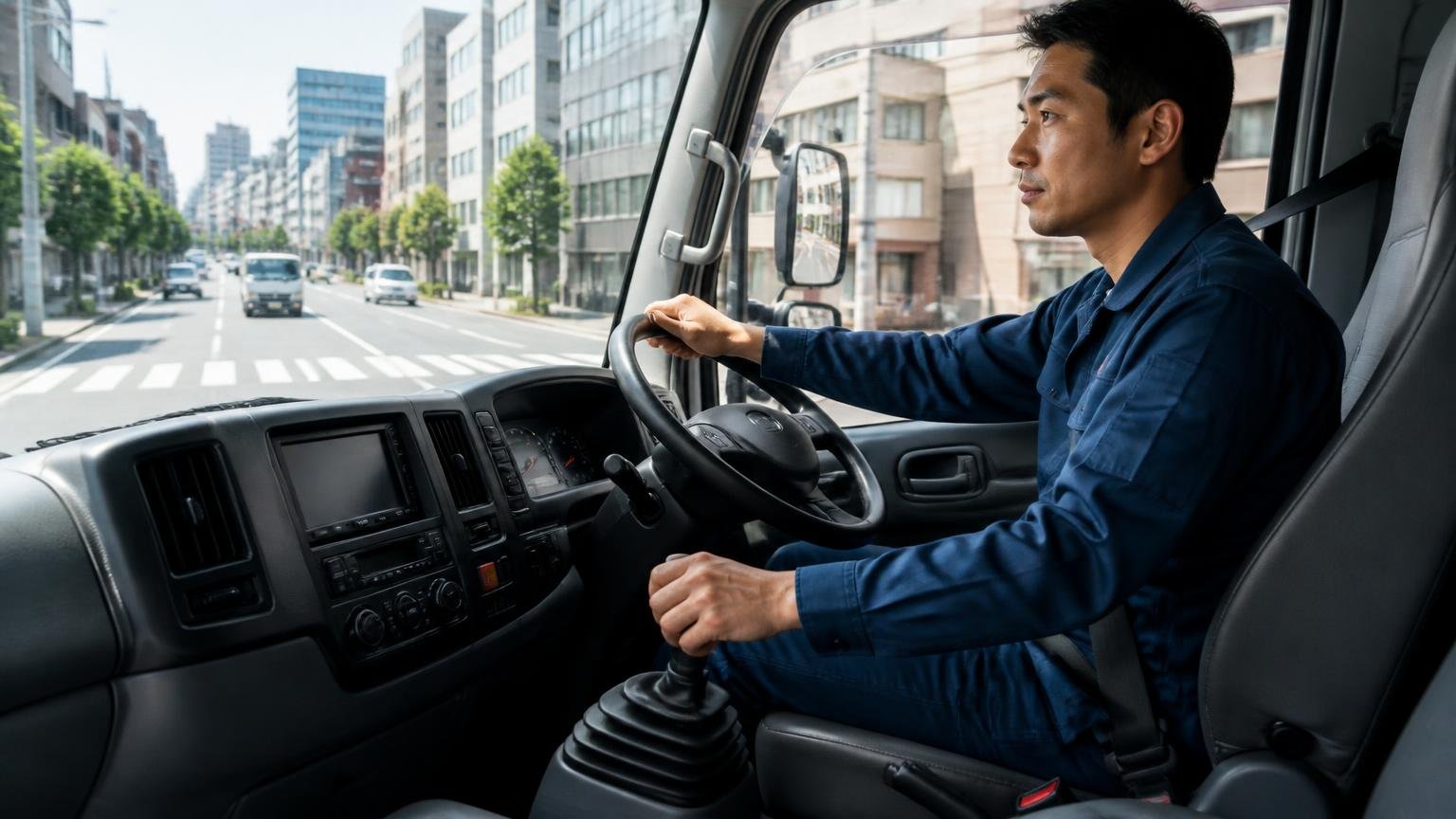変速機の違いとDUONICの特性。市街地の配送ルートを走るトラックの運転席で1人がシフト操作