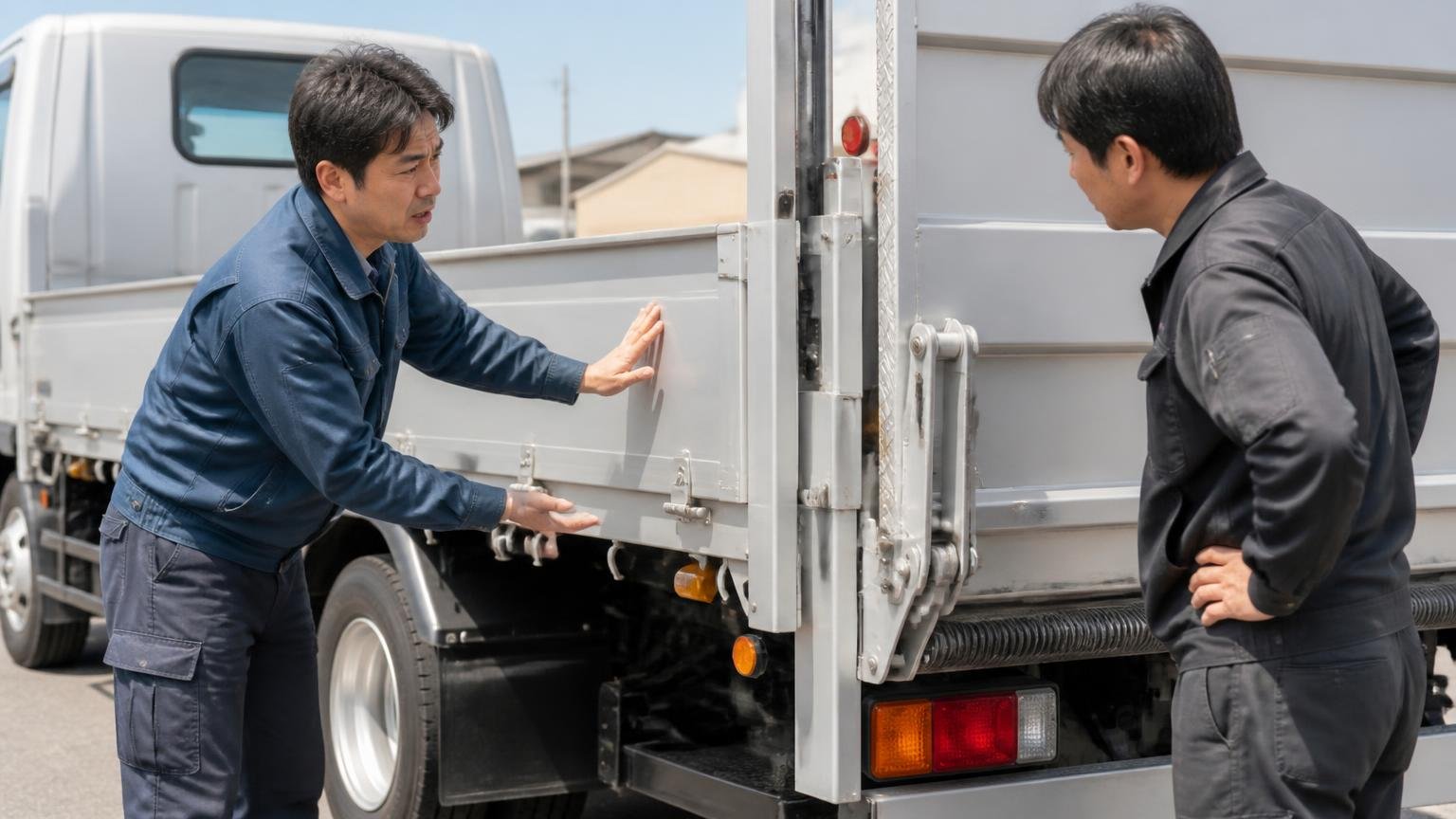 架装の重さは空荷でも重りになる/屋外でキャンターの荷台とパワーゲートを確認する場面/男性2人/荷台を叩いて重さを説明する