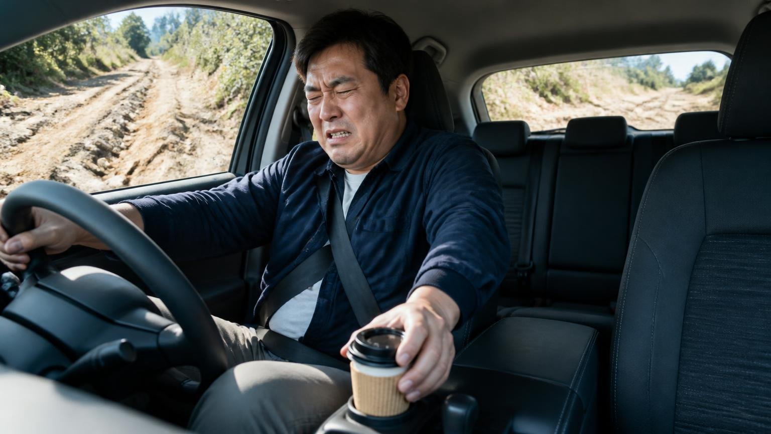 乗り心地の硬さと直進安定性。荒れた路面を走る運転席でドリンクホルダーを押さえる男性1人