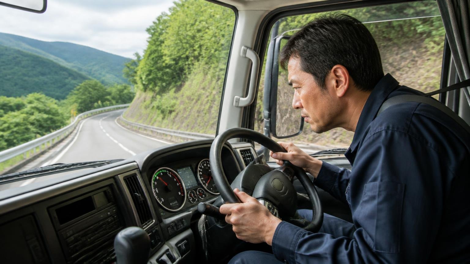 エコモードを切ると回転が上がったまま|下り坂を走るトラックの運転席で計器を凝視する男性1人