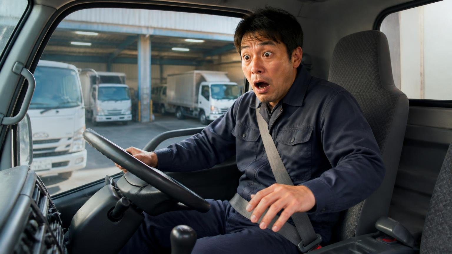 不満②AMTの癖と、発進時のガックン 早朝の車庫でデュトロの運転席に乗り込む男性1人が驚いた表情