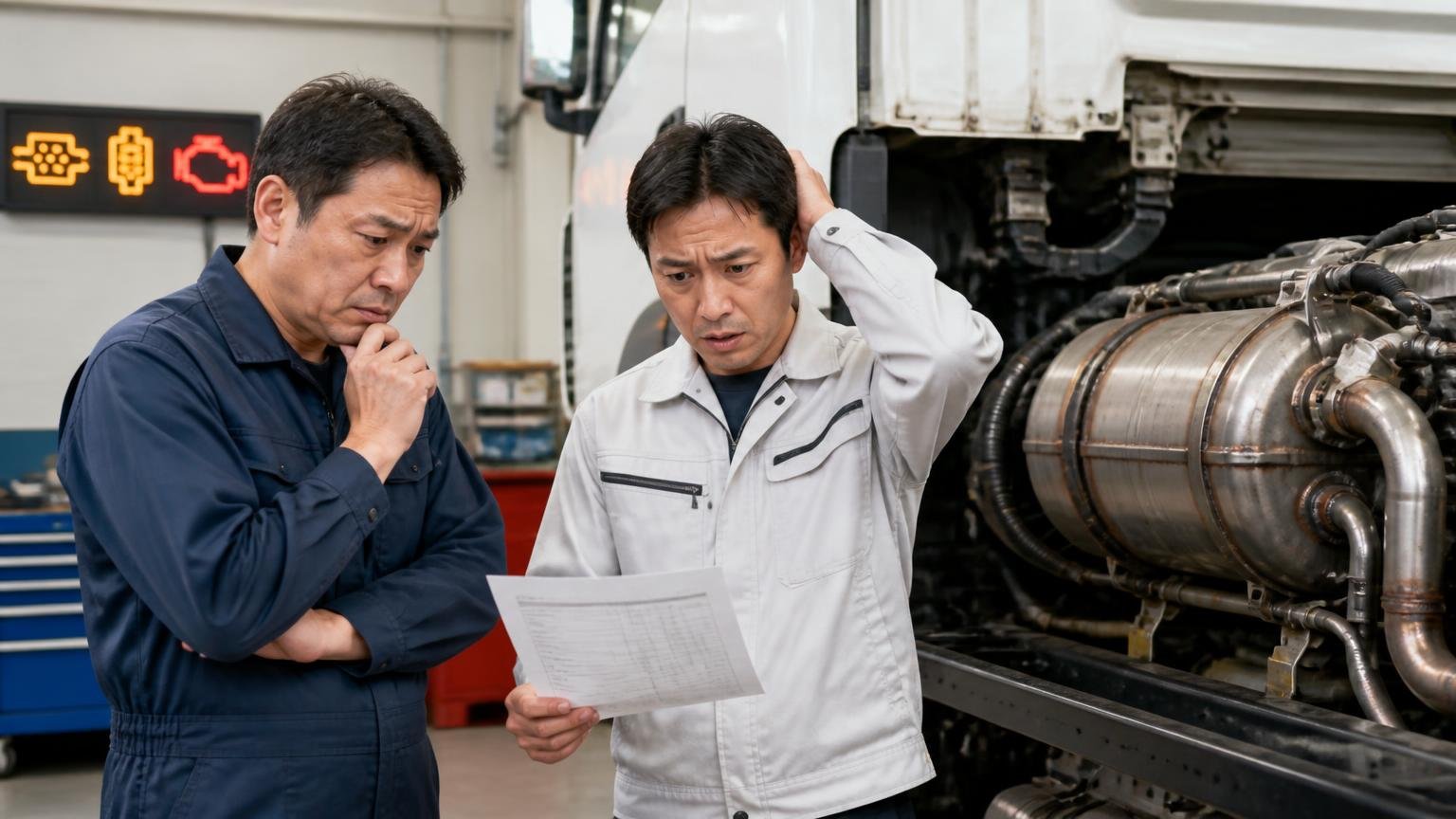 ② DPF・尿素SCRまわりの警告灯と、修理費の重さ 整備工場でトラックの排気装置を前に、見積書を見比べる男性2人