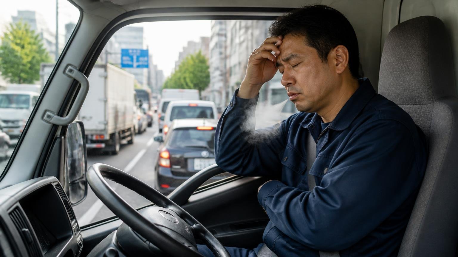 低速走行が多いとすすがたまる|渋滞した市街地の道路で2tトラックの運転席に座る男性1人がため息をつく