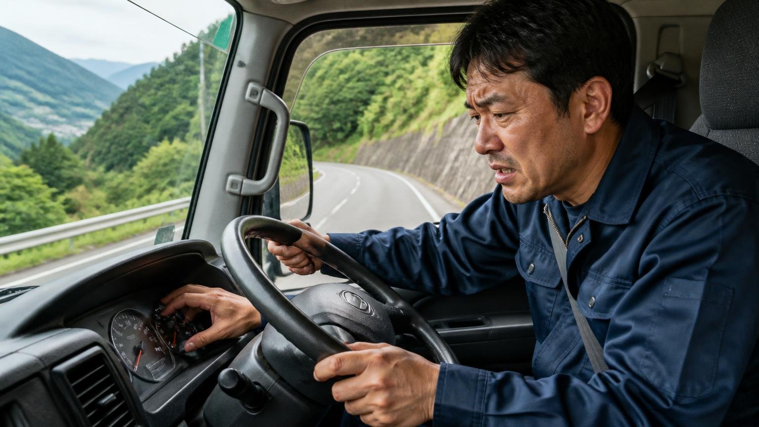 具体的に何が起きるのか 山間部の下り坂を走るトラックの車内で回転計を見るドライバーが顔をしかめる