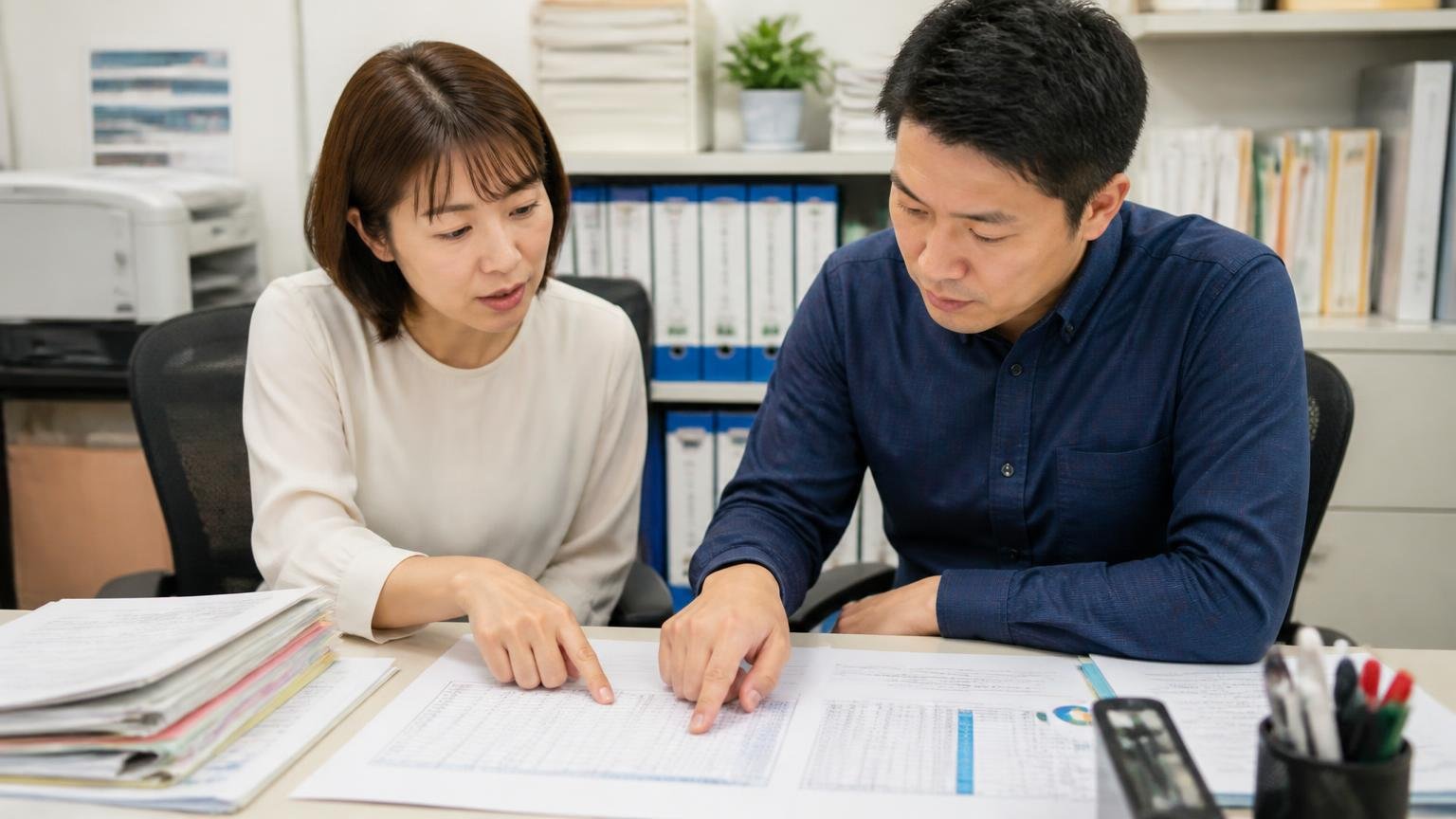 リコール数字の読み方。事務所の机で書類を広げ、2人が資料の数字を指さして話し合う場面