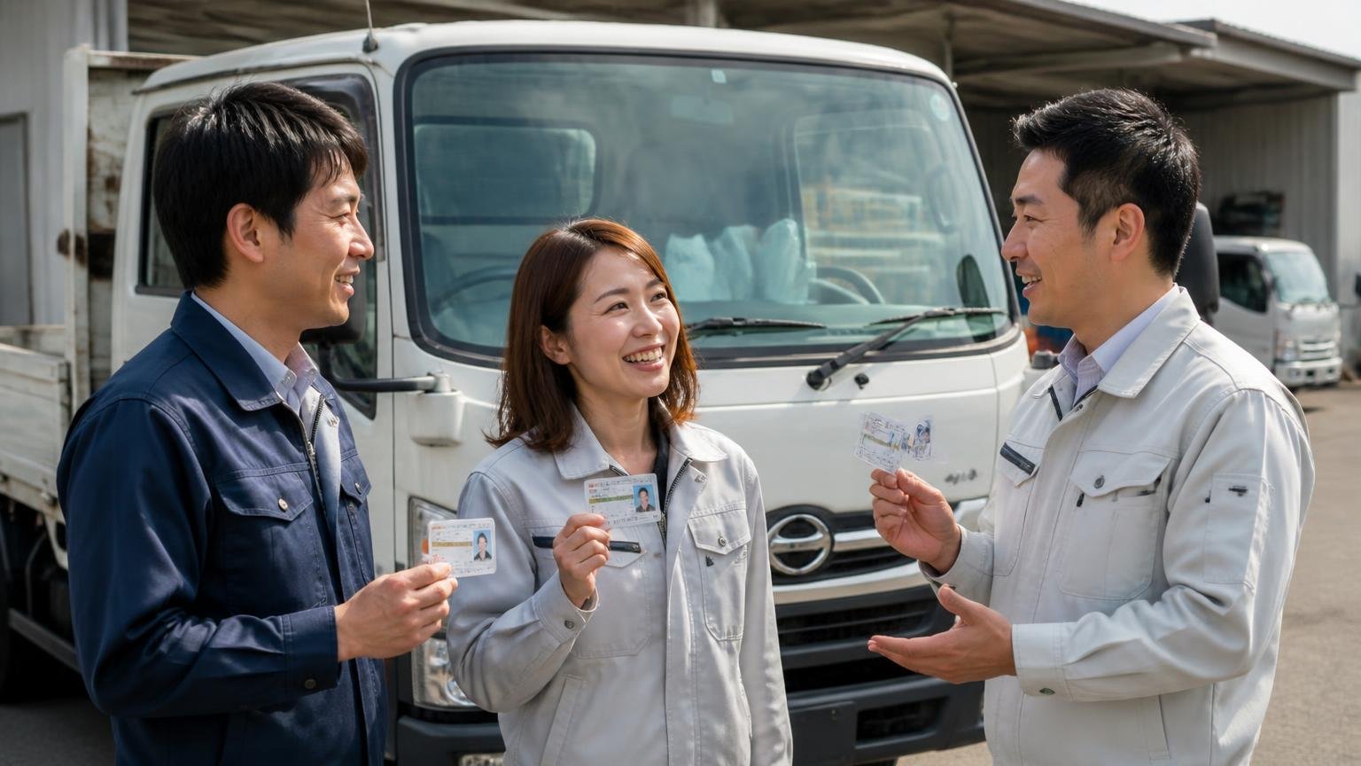 AT限定免許でも運転できる 営業所の車庫に停まった小型トラックの前 男女3人が免許証を手に話し合う