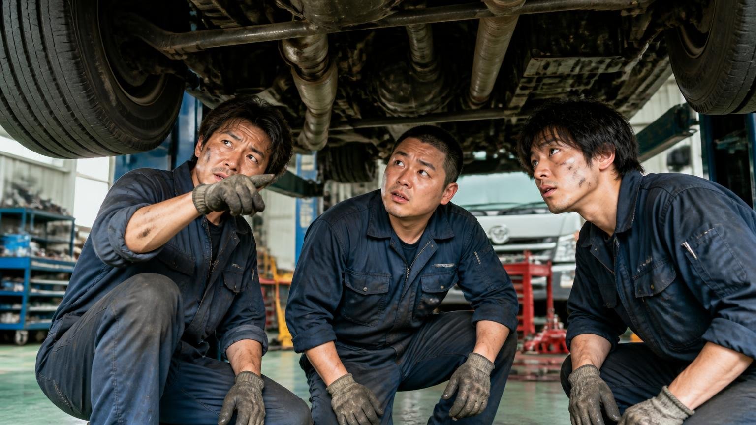 どの年式が語られているか。整備工場のピットで大型トラックの下回りを整備士3人が指さし険しい顔で確認する