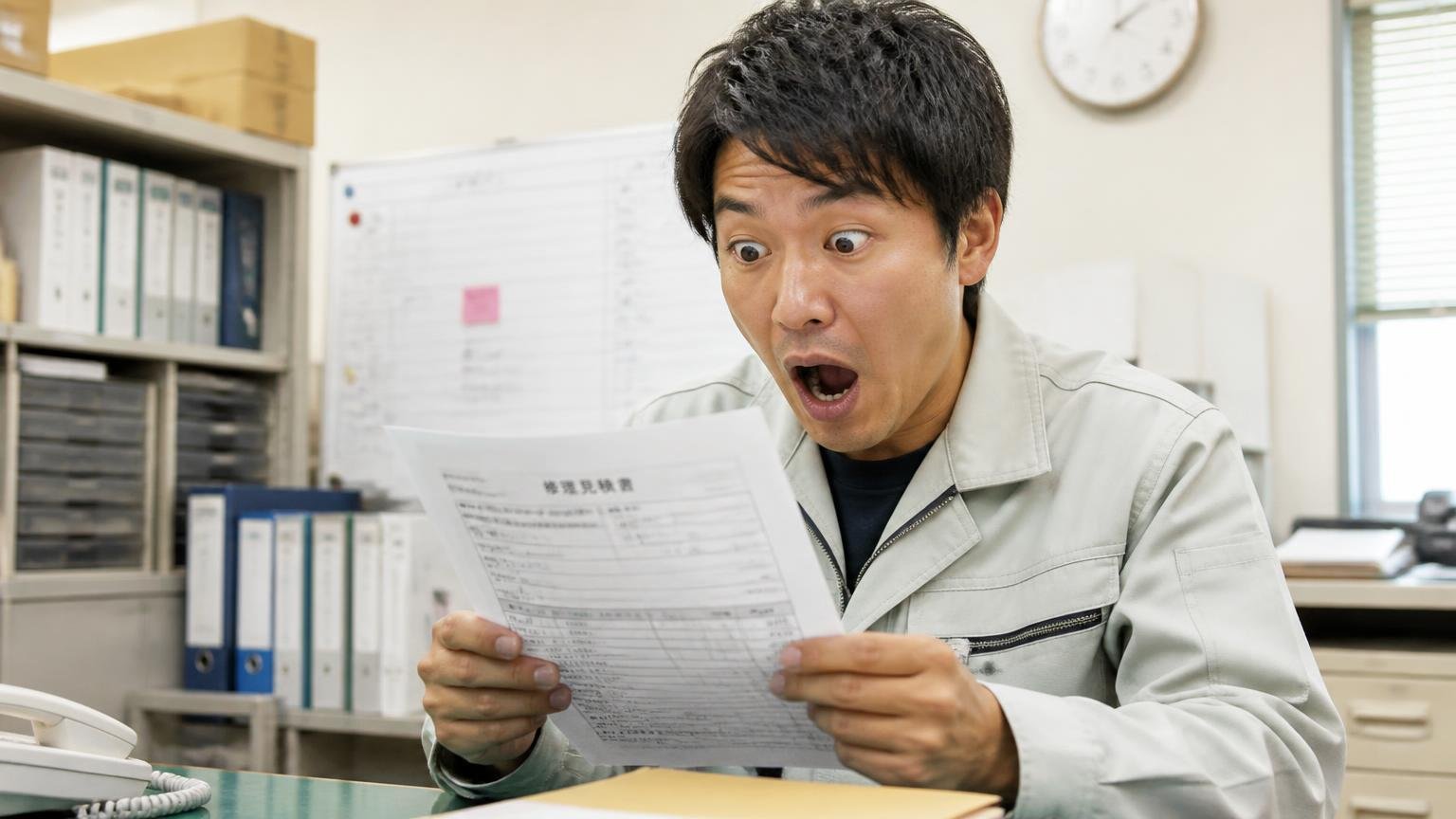 1回あたりの修理代の問題　運送会社の事務所で修理見積書を手に取る作業着の男性1人　目を見開いて驚く表情