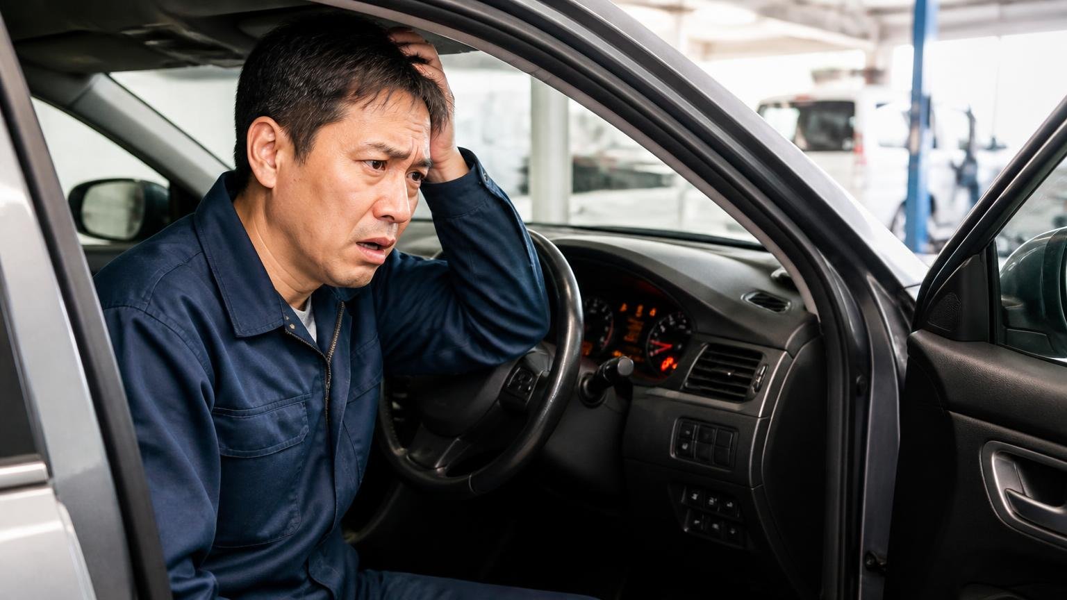 警告灯は点くが走れる|早朝の車庫で運転席のドアを開けた男性1人がメーター内の警告表示を見て困惑