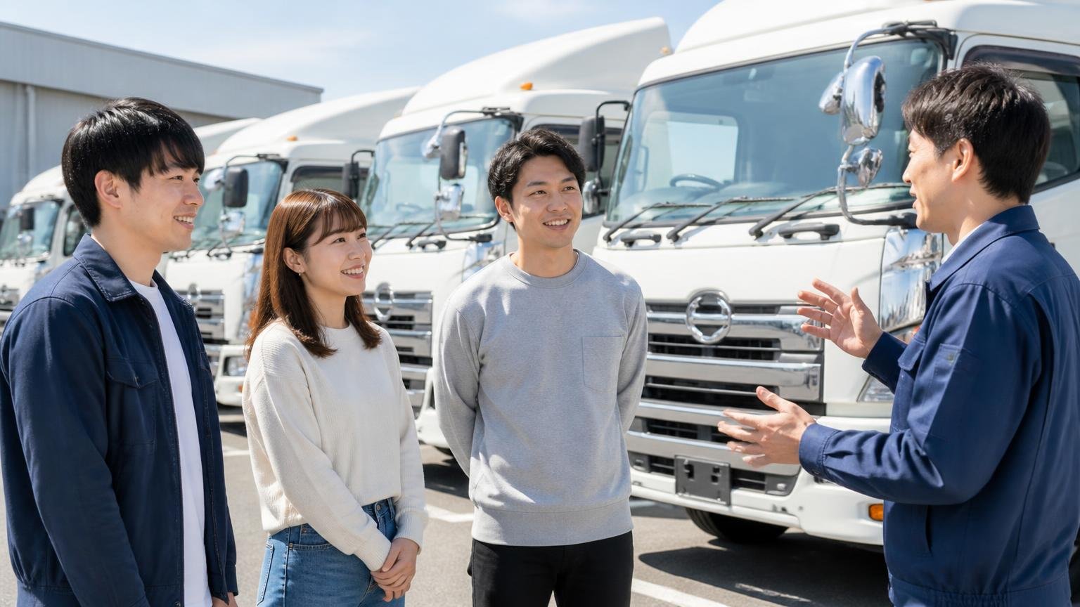 AT限定免許でも乗れて燃費が安定する。営業所の車庫に並ぶ大型トラックの前で、若い男女3人が笑顔で説明を受ける