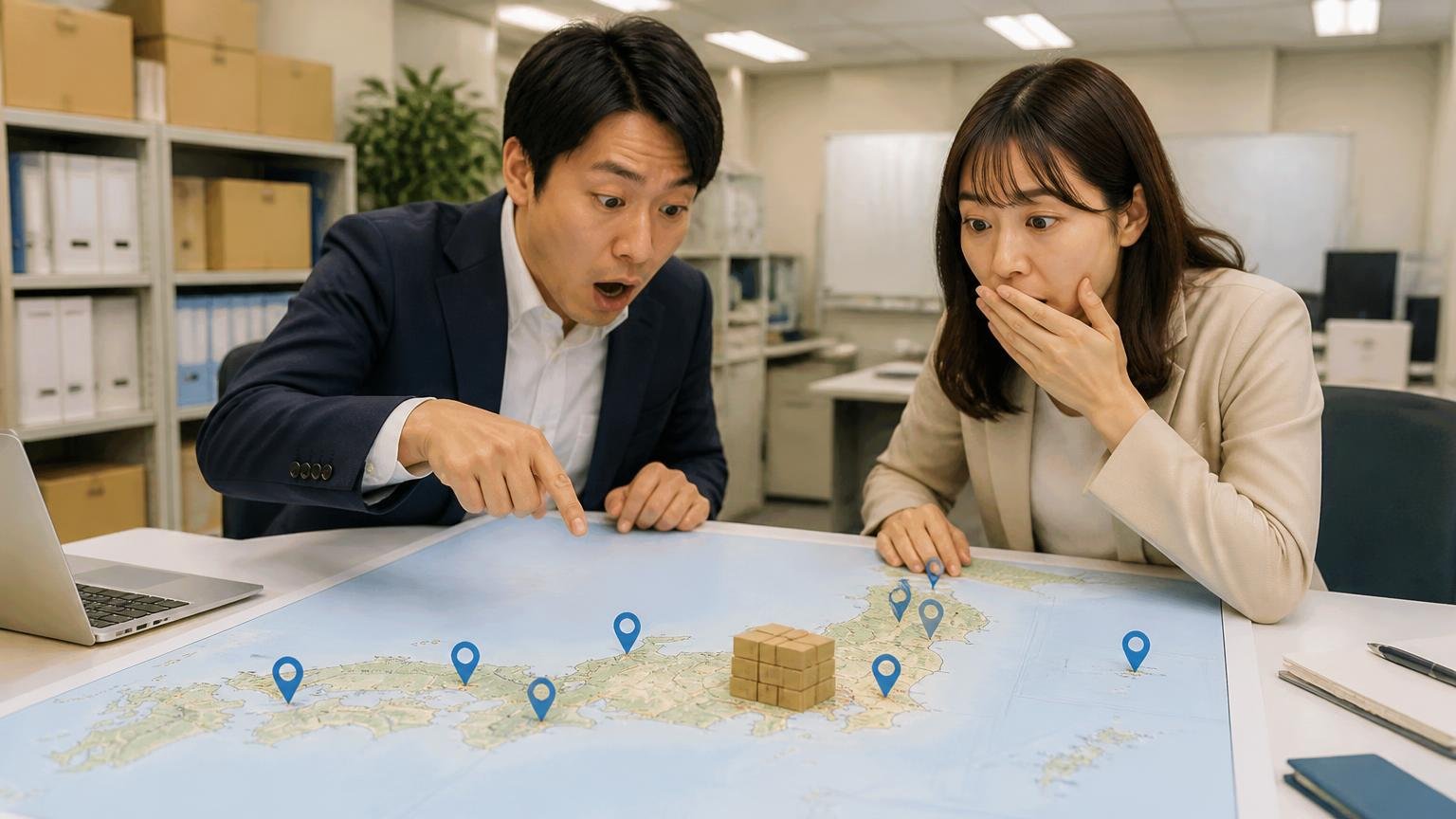 営業所は9か所だが在庫は栃木と京都に集中／事務所で全国地図を広げて確認／男女2人／驚いた表情