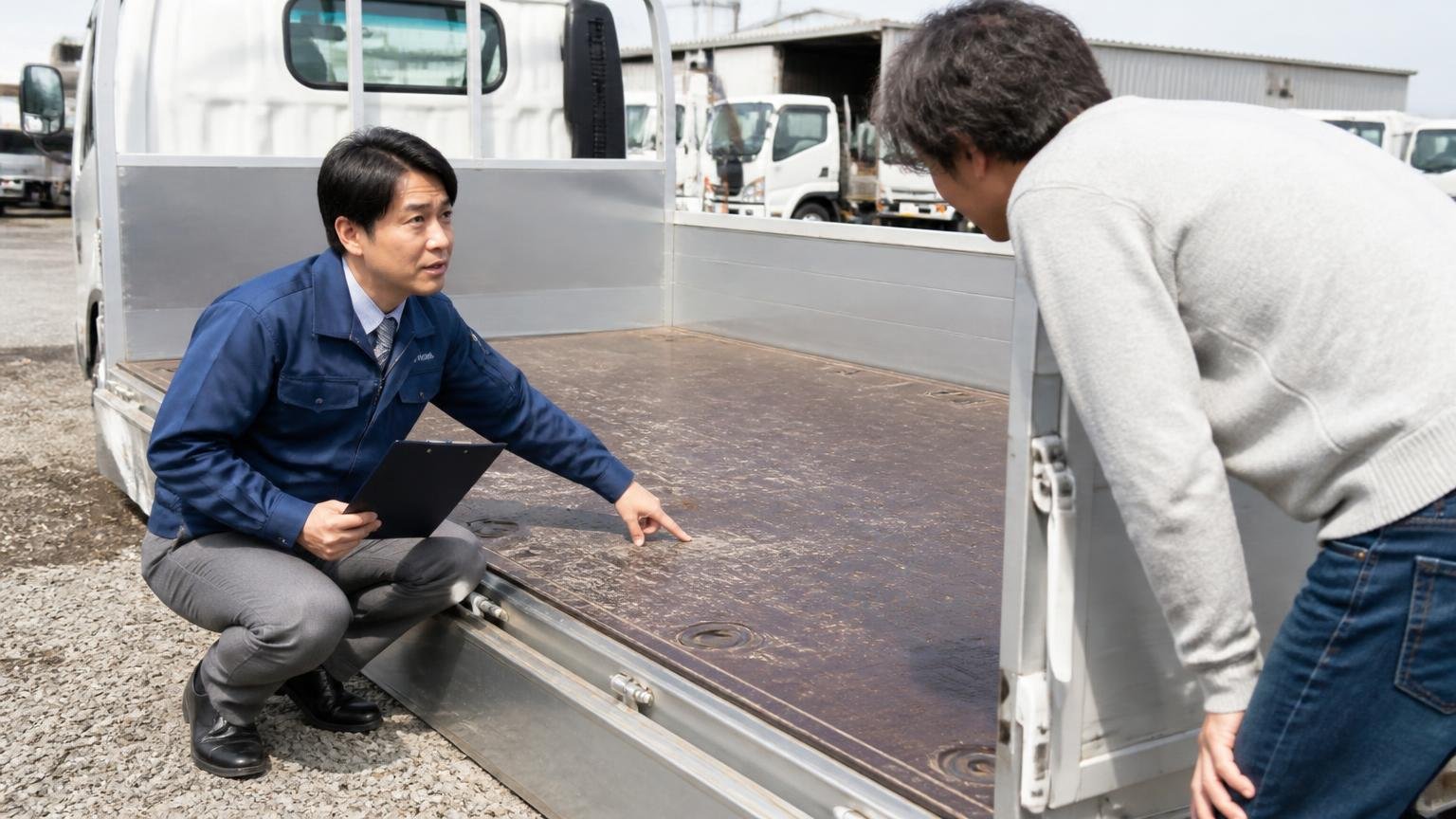 金額を出しているのは買取業者。トラックの荷台まわりを確認する屋外で、査定士1人が床板を指さして説明する