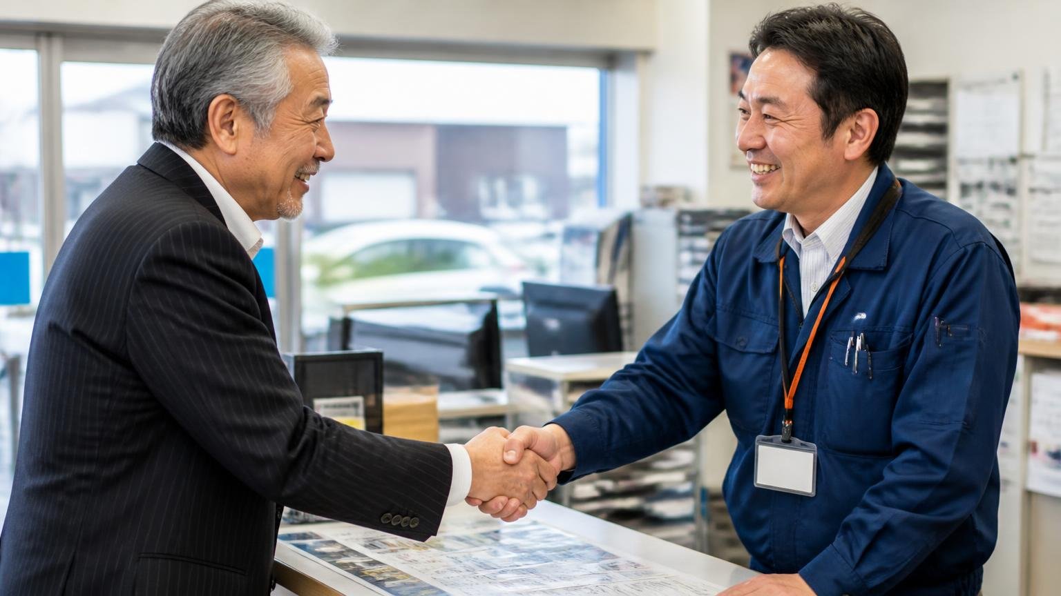 30年の付き合い。営業所のカウンター越しに年配の経営者と店員が握手し、互いに笑い合う2人